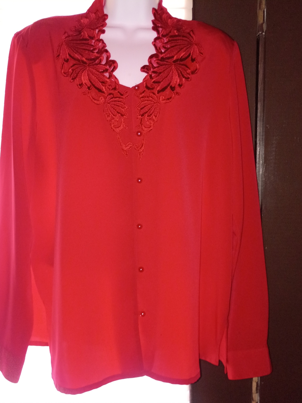 Liz Baker Red Embroidered V-Neck Button Front Blouse